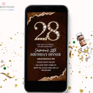 28th Brown Agate Birthday Birthday Party Invitation, 28th Digital Birthday Girl Invite,Diamonds Evite, Canva Editable Template Evite