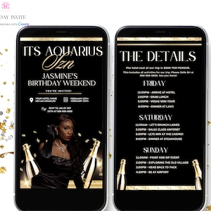 Black & Gold Aquarius Birthday Weekend Invitation, Digital Birthday Girl Trip Invite, Digital Itinerary, Canva Editable Template Evite