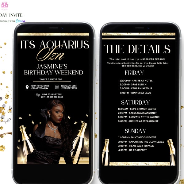 Black & Gold Aquarius Birthday Weekend Invitation, Digital Birthday Girl Trip Invite, Digital Itinerary, Canva Editable Template Evite