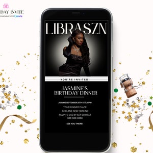 Black Libra Birthday Dinner Invitation, Women&#39;s Digital Birthday Dinner Invite, Dinner Party, Canva Editable Template Evite
