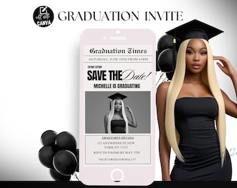 Digital Save the Date Graduation Newspaper Flyer, Grad Party Newspaper Announcement, Graduation Invitation, Canva Graduation 2026 Template