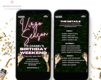 Neon Greenery Virgo Birthday Weekend Invitation, Digital Birthday Girl Trip Invite, Digital Itinerary, Canva Editable Template Evite
