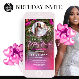 May include: A pink and white digital birthday invitation with a photo of a woman in a sparkly dress. The invitation says "Dominique's Birthday Brunch" and includes the date, time, and location. The invitation is decorated with pink hearts.