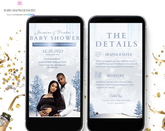 Winter Wonderland Baby Shower Invitation, Snowflakes, Canva Template (Digital)