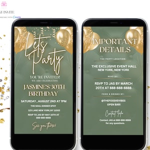 Uitnodiging voor verjaardagsfeestje salie groen goud, vrouwen salie groen digitale verjaardagsfeestje uitnodigen, canva bewerkbare sjabloon Evite