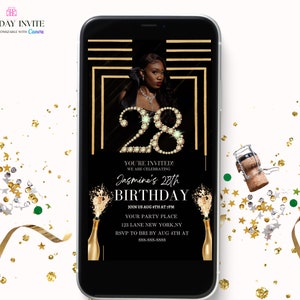 28th Black and Gold Birthday Birthday Party Invitation, 28th Digital Birthday Girl Invite,Diamonds Evite, Canva Editable Template Evite