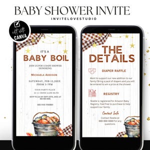 Editable Crawfish Boil Baby Shower Invitation, Digital Seafood Boil Baby Shower Invite Bundle, Plaid Canva Template Announcement
