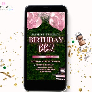 Könnte beinhalten: Eine rosa und grüne Geburtstagseinladung auf dem Bildschirm eines Smartphones. Die Einladung zeigt ein Design mit rosa und weißen Ballons mit Konfetti und dem Text "JASMINE BRIANA'S BIRTHDAY BBQ YOU ARE INVITED SATURDAY, APRIL 15TH AT 6PM JOHNSONS BACKYARD 123 LANE NEW YORK, NY RSVP TO JAS BY MARCH 8TH AT 888-888-8888".