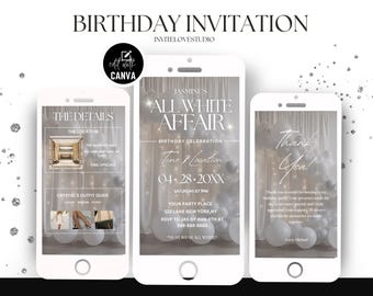 Può includere: Un invito digitale per una festa di compleanno tutta bianca. L'invito presenta uno sfondo bianco con glitter argentati e un testo che recita "Jasmine's All White Affair Birthday Celebration". La data e l'ora della festa sono indicate come "04-28-20XX Sabato alle 19:00". La posizione è indicata come "123 Lane New York NY". Le informazioni RSVP sono indicate come "RSVP a Jas entro il 4 agosto al 888-888-8888". Il codice di abbigliamento è indicato come "Devi indossare tutto bianco".