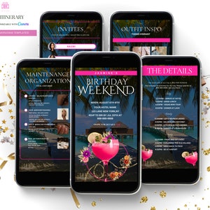 Birthday Vacation Itinerary Invitation, Digital Pink Travel Mobile Itinerary Planner, Girls Trip Weekend, Canva Editable Template Evite