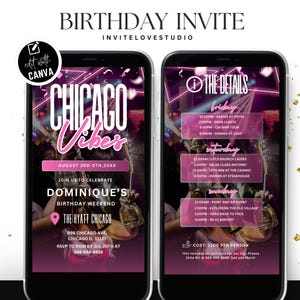 Invito modificabile per il weekend di compleanno, invito digitale per il viaggio di compleanno a Chicago, itinerario di compleanno, modello modificabile Canva Evite