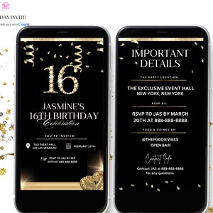 Digital 16th Birthday Invitation, Sweet 16 Invite, Girl Birthday Editable Evite, Glam Birthday Template Canva