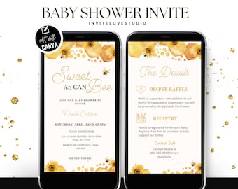 Editable Sweet as Can Bee Baby Shower Invite, Digital Sunflower Honeycomb Bee Baby Shower Invitation ,Baby Bundle, Canva Template Evite