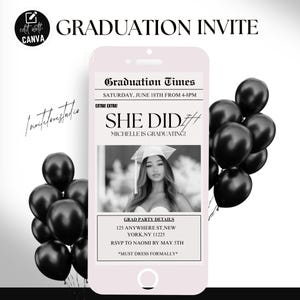 Digital She Did It Graduation Invitation, Animated Newspaper Grad Party Announcement Invite, Editable Graduation Evite