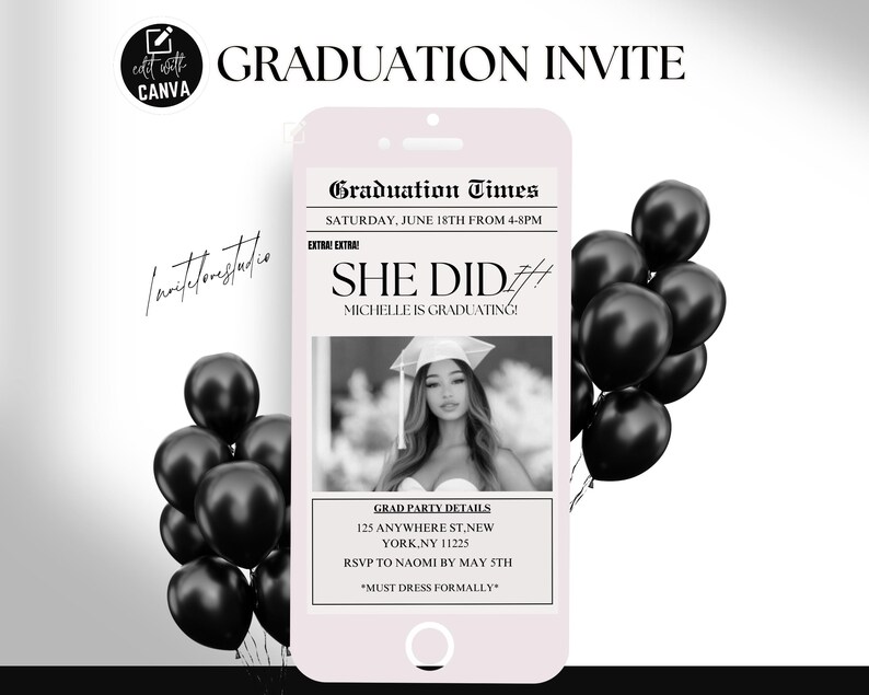 Digital She Did It Graduation Invitation, Animated Newspaper Grad Party Announcement Invite, Editable Graduation Evite