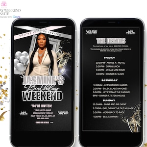 Black and Silver Birthday Birthday Weekend Invitation, Digital Birthday Girl Trip Invite, Digital Itinerary, Canva Editable Template Evite