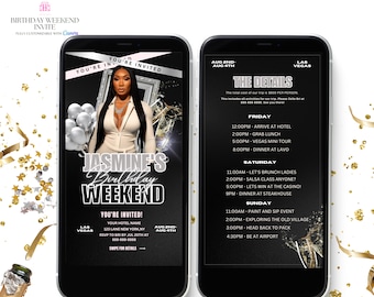 Black and Silver Birthday Birthday Weekend Invitation, Digital Birthday Girl Trip Invite, Digital Itinerary, Canva Editable Template Evite