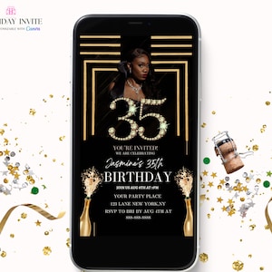 35th Black and Gold Birthday Birthday Party Invitation, 35th Digital Birthday Girl Invite,Diamonds Evite, Canva Editable Template Evite