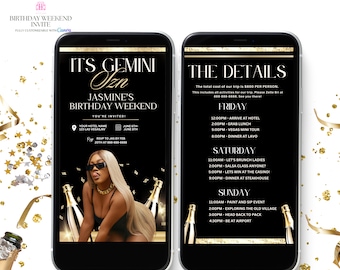 Black & Gold Gemini Birthday Weekend Invitation, Digital Birthday Girl Trip Invite, Digital Itinerary, Canva Editable Template Evite