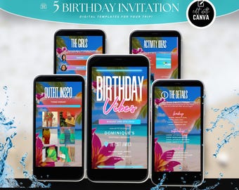 Invitación editable de fin de semana de cumpleaños, invitación digital para viaje de chicas por cumpleaños, itinerario de cumpleaños, plantilla editable de volante de Canva