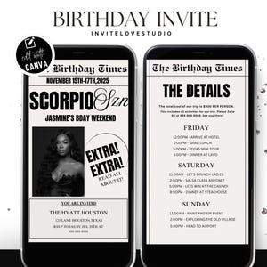 Editable Scorpio Birthday Weekend Newspaper Invitation, Digital Scorpio Birthday Girl Trip Newspaper Invite, Bday Itinerary, Canva Template