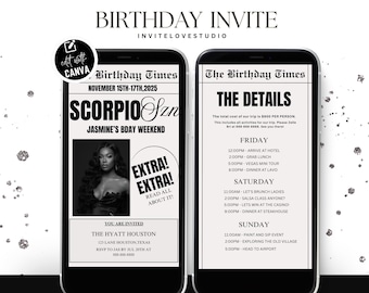 Editable Scorpio Birthday Weekend Newspaper Invitation, Digital Scorpio Birthday Girl Trip Newspaper Invite, Bday Itinerary, Canva Template