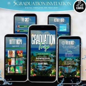 Itinerario digitale per il viaggio di laurea, modello di itinerario modificabile, invito telefonico per il weekend di laurea, annuncio di vacanze di laurea, Canva Evite
