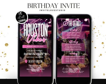 Editable Birthday Weekend Invitation, Digital Houston Birthday Girl Trip Invite, Bday Itinerary, Canva Editable Template Evite