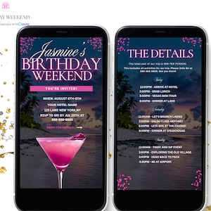 Birthday Weekend Itinerary Invitation, Digital Pink Martini Mobile Itinerary Planner, Girls Trip Weekend, Canva Editable Template Evite