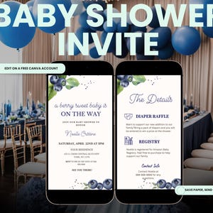 Editable Berry Baby Shower Invitation, Blueberry Baby Shower Invite, Baby Brunch, Raffle,Registry,Canva Template Announcement