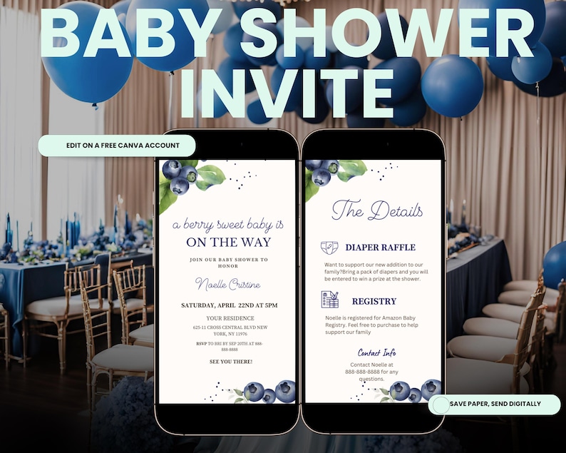 Editable Berry Baby Shower Invitation, Blueberry Baby Shower Invite, Baby Brunch, Raffle,Registry,Canva Template Announcement