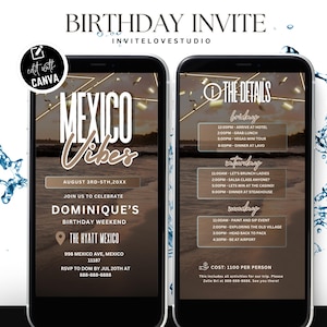 Editable Mexico Birthday Weekend Invitation, Digital Birthday Girl Trip Invite, Bday Itinerary, Canva Editable Template Evite