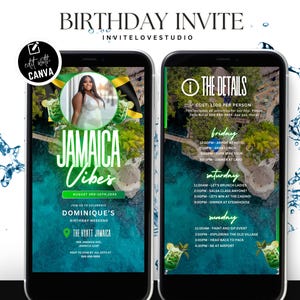May include: A digital invitation for a birthday weekend in Jamaica. The invitation features a photo of a woman in front of a Jamaican flag, with the text "Jamaica Vibes" and "August 3rd-10th, 20XX". The invitation also includes details about the trip, including the cost, dates, and activities.