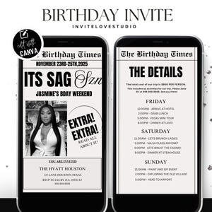 Editable Sagittarius Birthday Weekend Newspaper Invitation, Digital Sag Birthday Girl Trip Newspaper Invite, Bday Itinerary, Canva Template