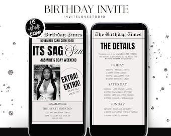 Invitación editable para el fin de semana de cumpleaños de Sagitario, invitación digital para el viaje de cumpleaños de Sagitario, itinerario de cumpleaños, plantilla de Canva
