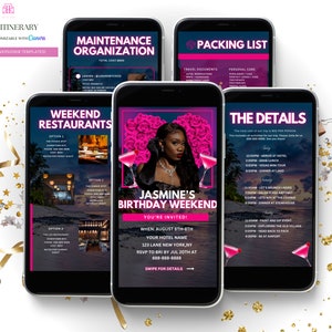 Birthday Weekend Itinerary Invitation, Digital Pink Travel Mobile Itinerary Planner, Girls Trip Weekend, Canva Editable Template Evite