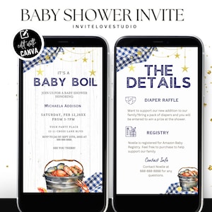Editable Crawfish Boil Baby Shower Invitation, Digital Seafood Boil Baby Shower Invite Bundle, Plaid Canva Template Announcement