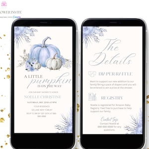 Blue Little Pumpkin Baby Shower Invitation, Blue Boy Little Pumpkin Floral Baby Shower, Diaper Raffle,Registry, Canva Template Evite