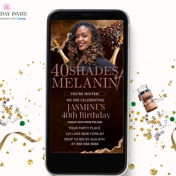 40 Shades of Melanin Birthday Party Invitation, Agate Shades of Brown  Digital Birthday Invite,  Canva Editable Template Evite