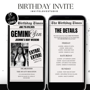 Editable Gemini Birthday Weekend Newspaper Invitation, Digital Gemini Birthday Girl Trip Newspaper Invite, Bday Itinerary, Canva Template