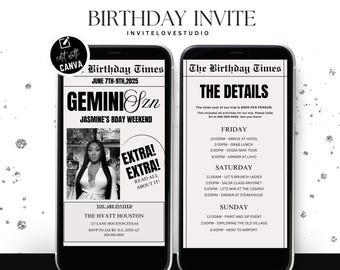 Invitación editable para el fin de semana de cumpleaños de Géminis, invitación digital para el viaje de Géminis, itinerario de cumpleaños, plantilla de Canva