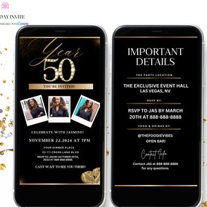 50th Black and Gold Birthday Birthday Party Invitation, 50th Glam Birthday Girl Invite,Diamonds Evite, Canva Editable Template Evite