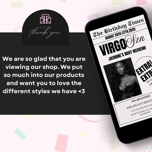 K&ouml;nnte beinhalten: Ein Smartphone zeigt eine Geburtstagseinladung, die als Titelseite einer Zeitung gestaltet ist. Die &Uuml;berschrift lautet "VIRGO Szn" mit dem Text "Jasmine's Bday Weekend". Die Einladung enth&auml;lt ein Foto und Veranstaltungsdetails. Ein schwarzer Hintergrund zeigt einen Dankestext.