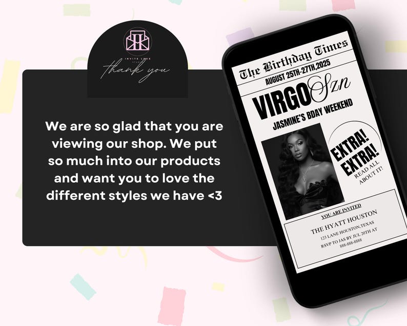 K&ouml;nnte beinhalten: Ein Smartphone zeigt eine Geburtstagseinladung, die als Titelseite einer Zeitung gestaltet ist. Die &Uuml;berschrift lautet "VIRGO Szn" mit dem Text "Jasmine's Bday Weekend". Die Einladung enth&auml;lt ein Foto und Veranstaltungsdetails. Ein schwarzer Hintergrund zeigt einen Dankestext.