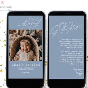 Dusty Blue Você será meu convite para proposta de madrinha, foto moderna de bebê Você será meu convite para proposta de madrinha, modelo editável do Canva Evite