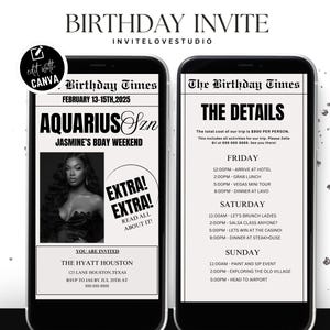 Editable Aquarius Birthday Weekend Newspaper Invitation, Digital Aquarius Birthday Girl Newspaper Invite, Bday Itinerary, Canva Template