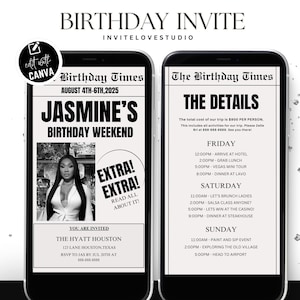 Editable Birthday Weekend Newspaper Invitation, Digital Birthday Girl Trip Newspaper Invite, Bday Itinerary, Canva Editable Template