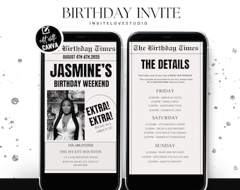 Invitación de cumpleaños digital para el fin de semana, invitación digital para el viaje de chicas, itinerario de cumpleaños, plantilla editable de Canva