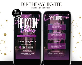 Editable Birthday Weekend Invitation, Houston Digital Birthday Girl Trip Invite, Bday Itinerary, Canva Editable Template Evite