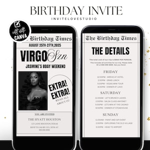 Editable Virgo Birthday Weekend Newspaper Invitation, Digital Virgo Birthday Girl Trip Newspaper Invite, Bday Itinerary, Canva Template